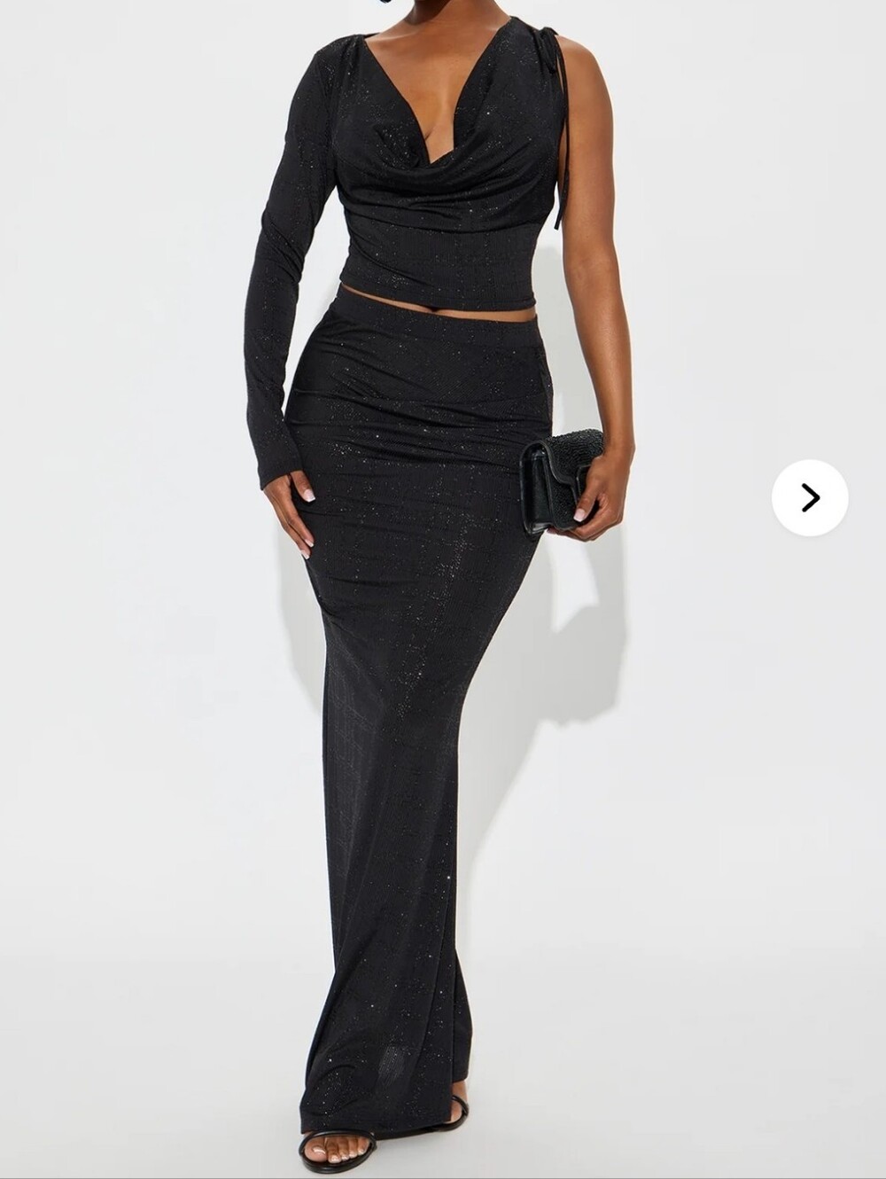 Fashion Nova Black Glitter Asymmetrical Maxi Skirt Set